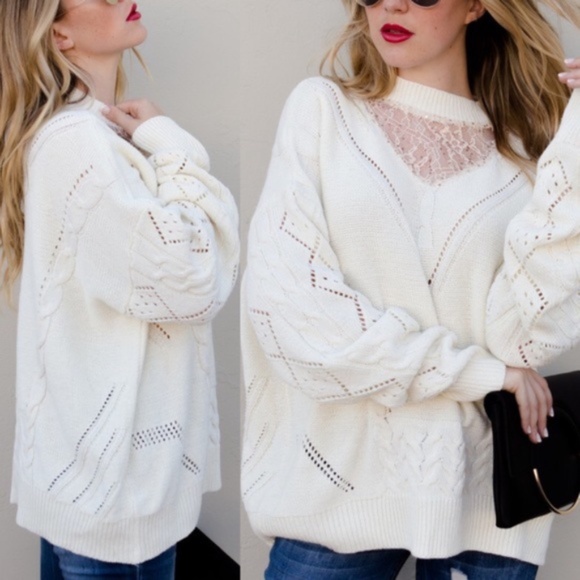 BellanBlue Sweaters - Cozy cream lace oversized sweater top Minimalist